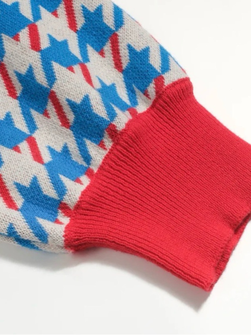 OXknit bird pliers vintage Blue & Red Houndstooth Sweater NWT puff sleeves - Picture 4 of 5